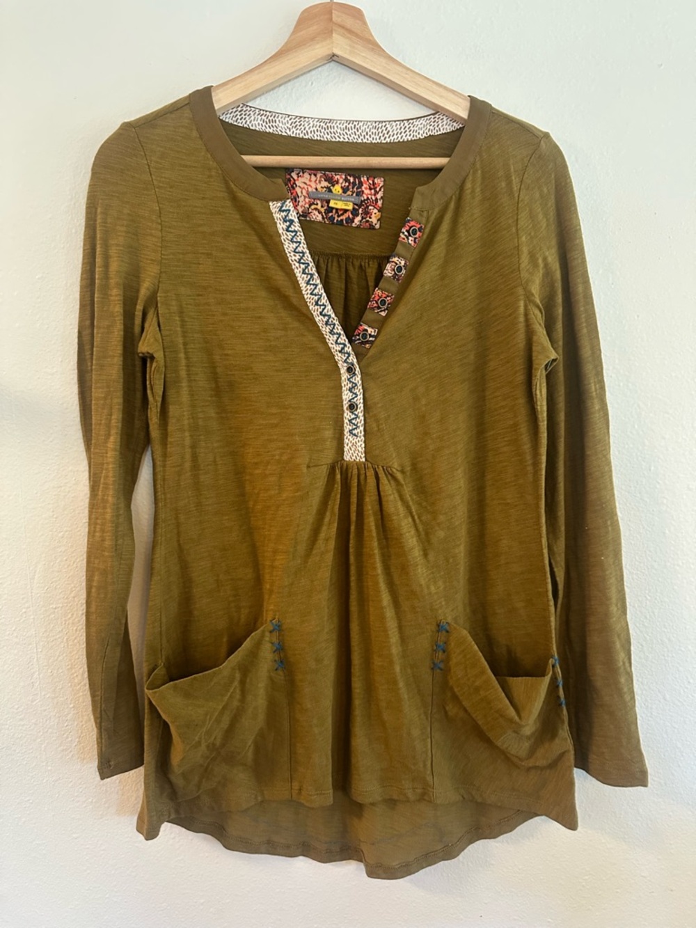 Anthropologie Olive Green Long-Sleeve Split V-Neck Top little yellow button